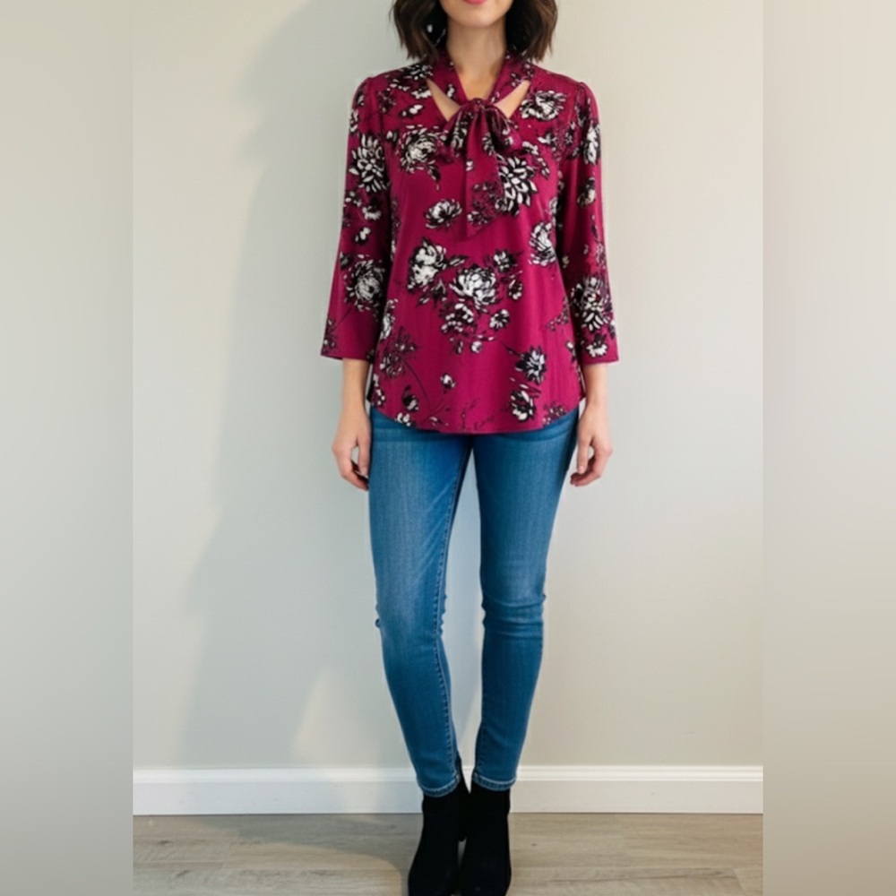 Adrienne Vittadini Floral 3/4 Sleeve Top Size Large